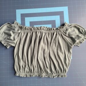 Women's Off-Shoulder Smocked Top - Sage Green Cropped Peasant Like Cottagecore